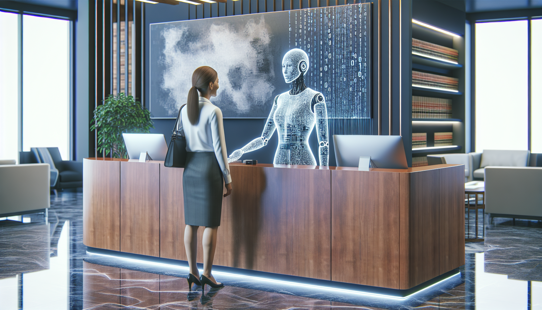 An AI receptionist interacting with a visitor at a law firm's reception desk