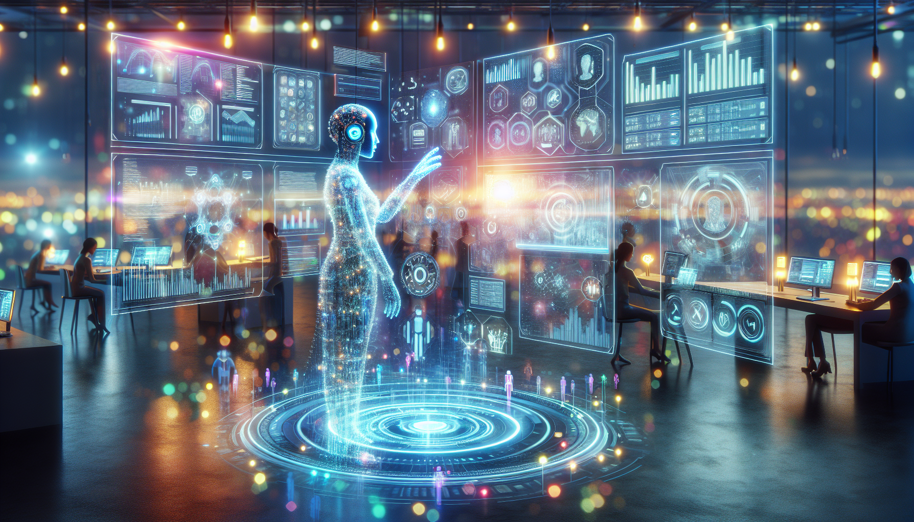 A graphic illustrating a futuristic AI receptionist at work in e-commerce