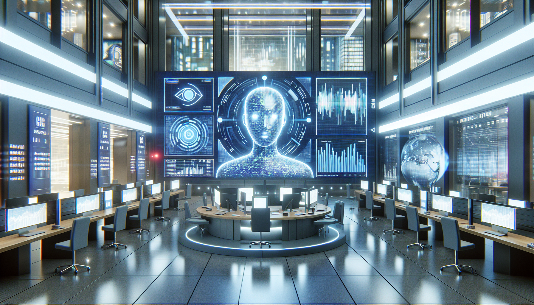 High-tech banking or financial setting with AI-powered virtual assistant on screen