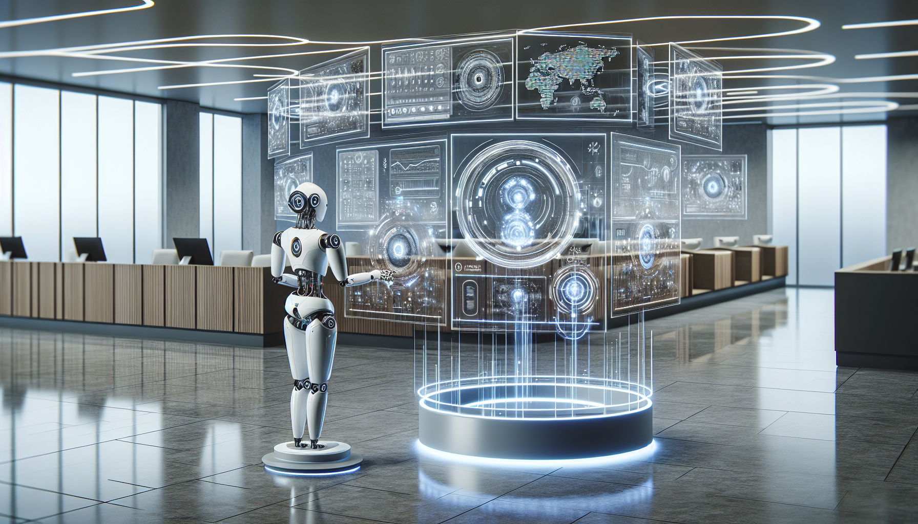 An AI receptionist in action with graphical displays of processes