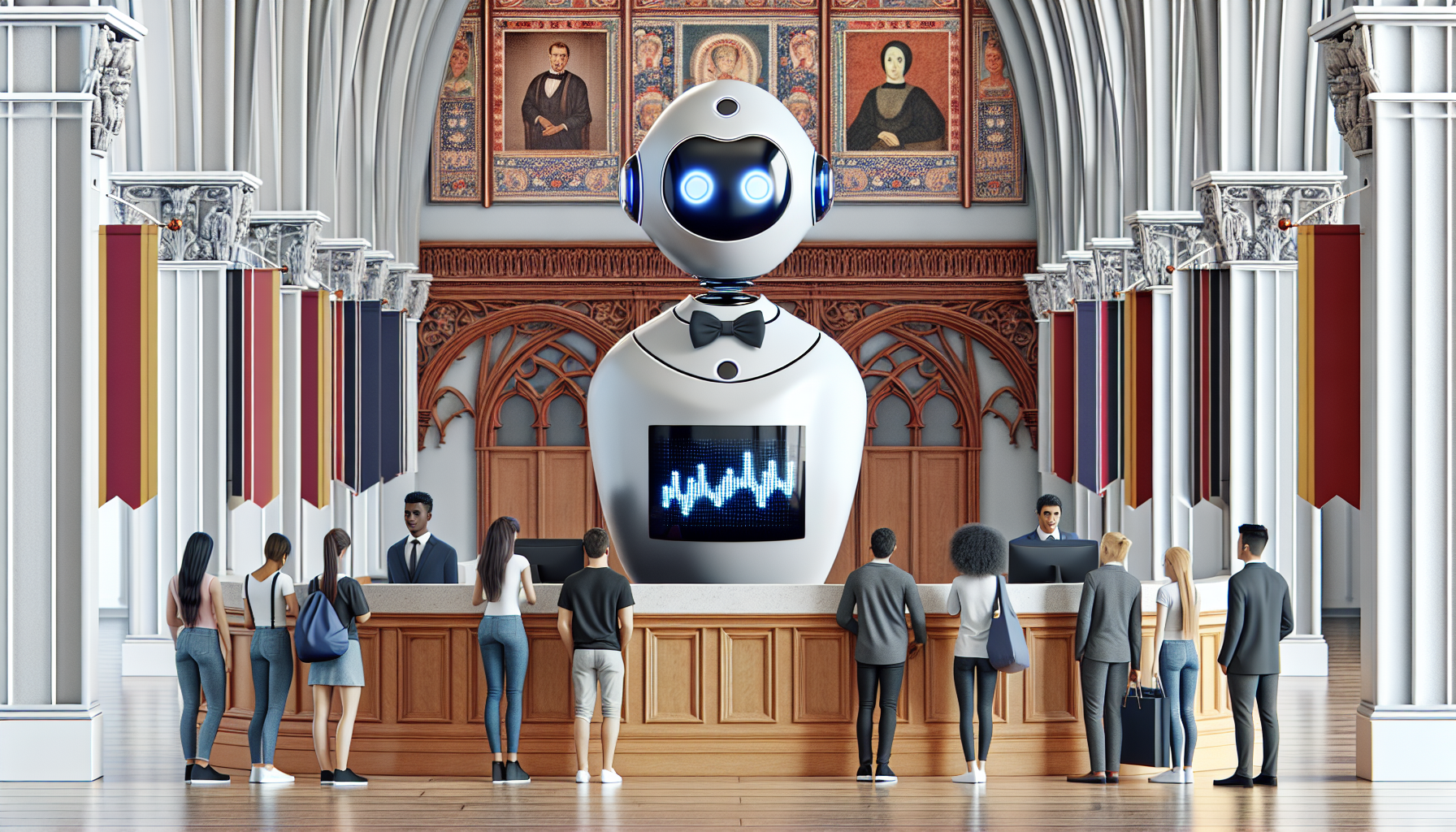 An AI receptionist in operation at a university front desk