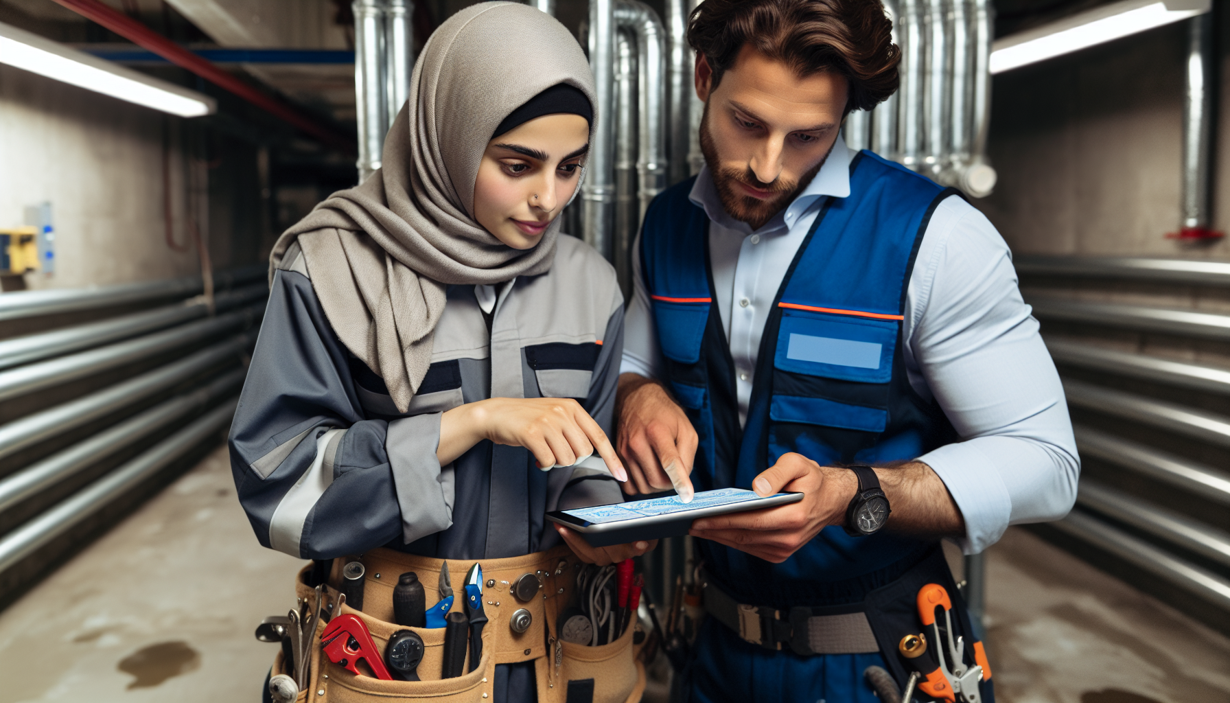 An image displaying a plumber and an electrician using a digital device