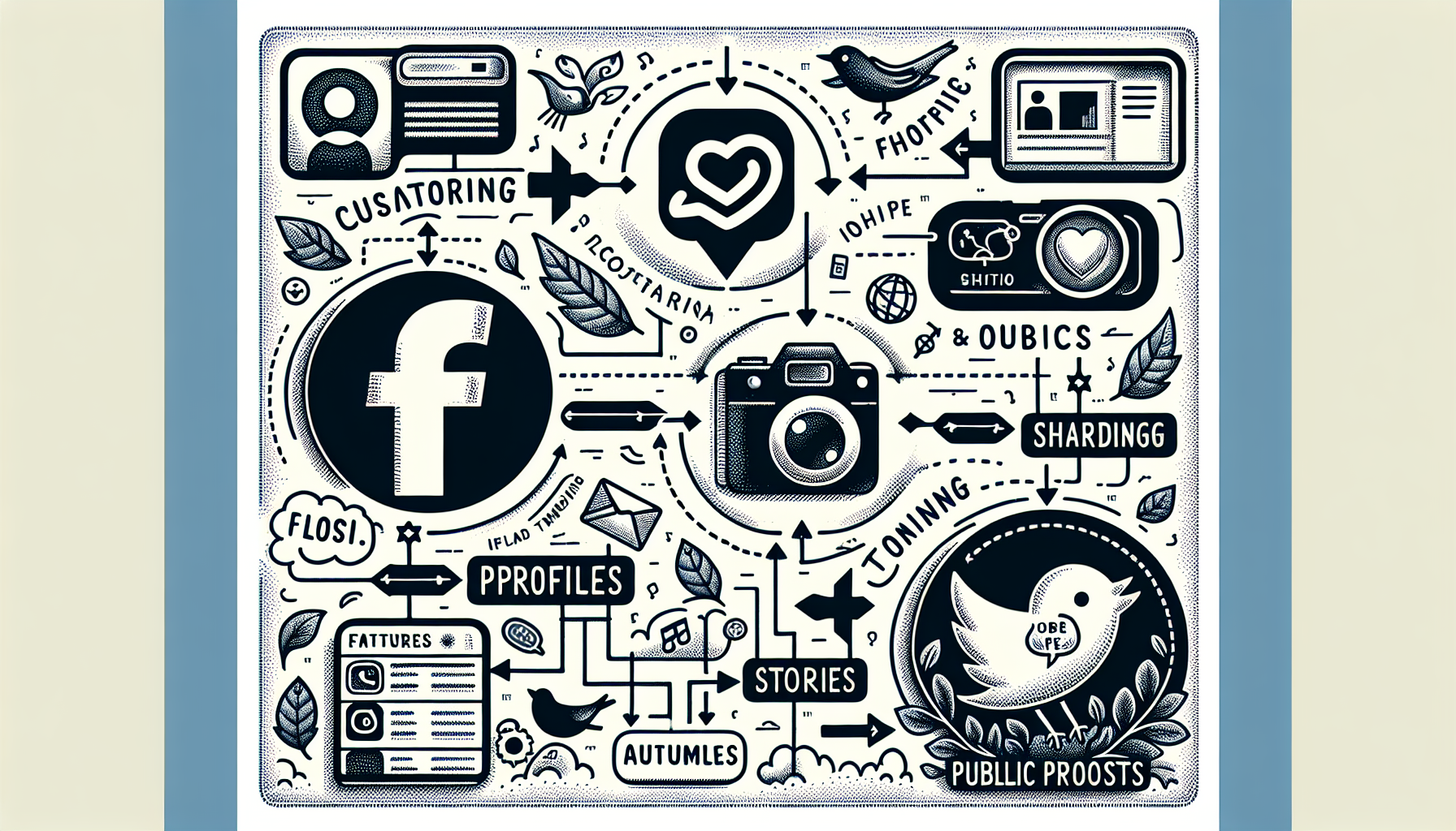 An infographic depicting logos of Facebook, Instagram, LinkedIn, and Twitter with pointers to their unique features like LinkedIn Articles, Instagram Stories, etc.