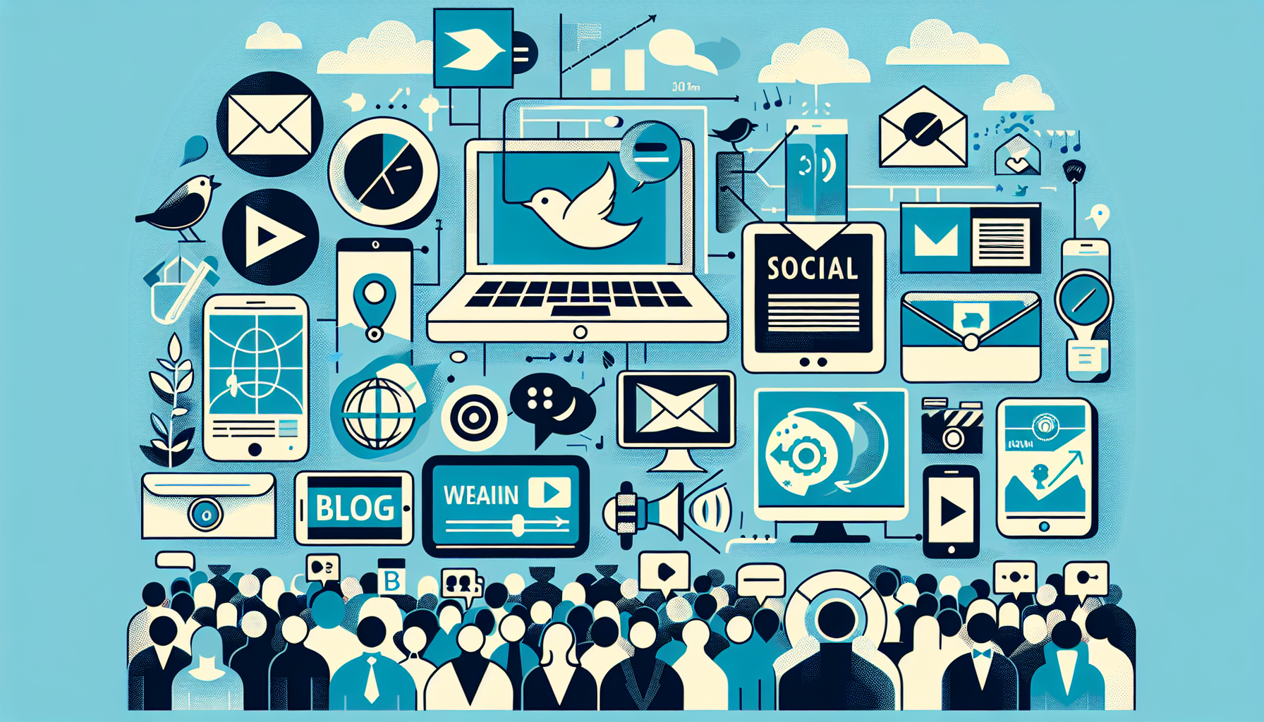 An illustration of various content distribution channels like social media, emails, blogs, webinars, and industry events.