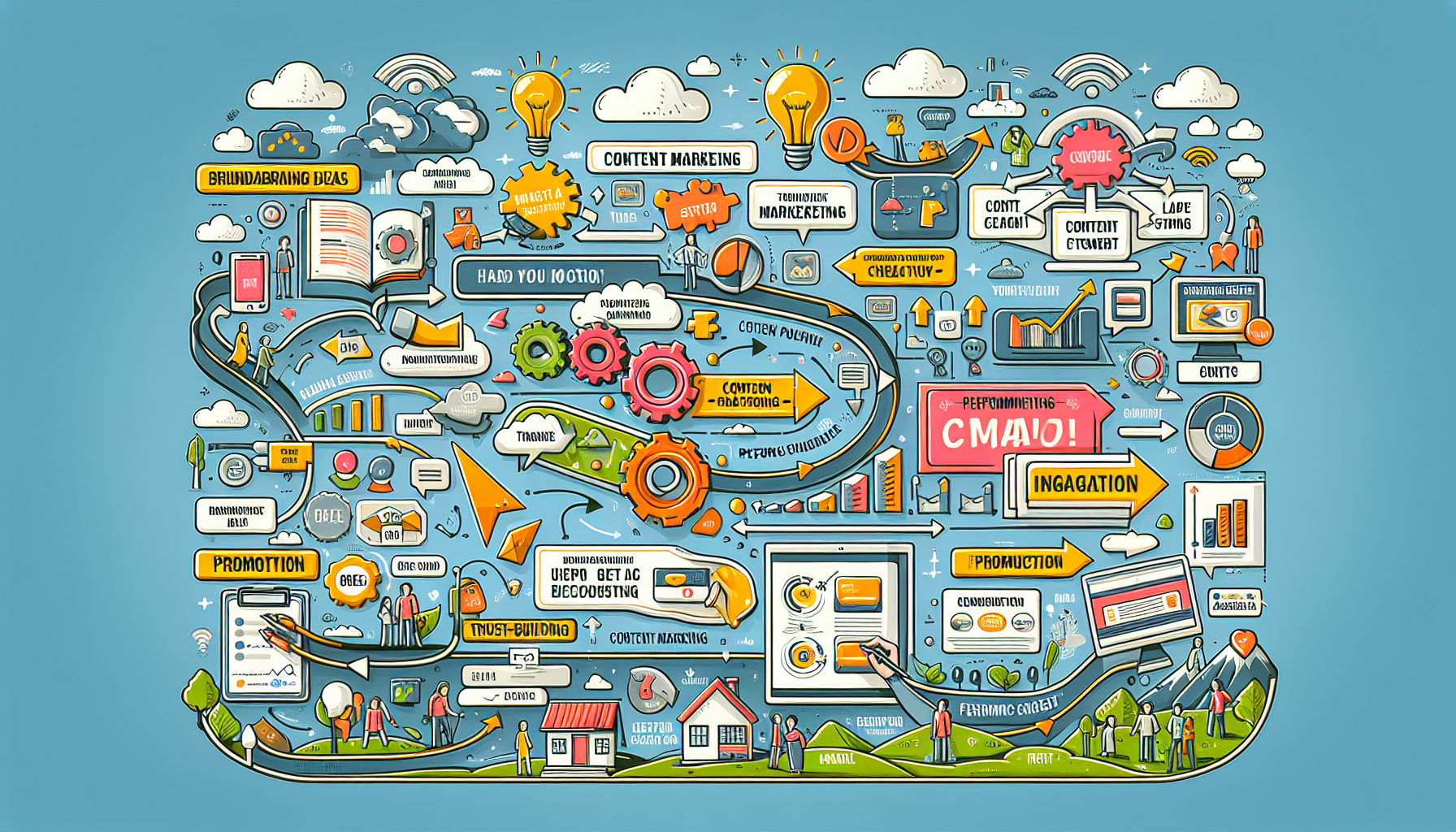 An image depicting the process of content marketing, with emphasis on trust building and engaging CTAs.