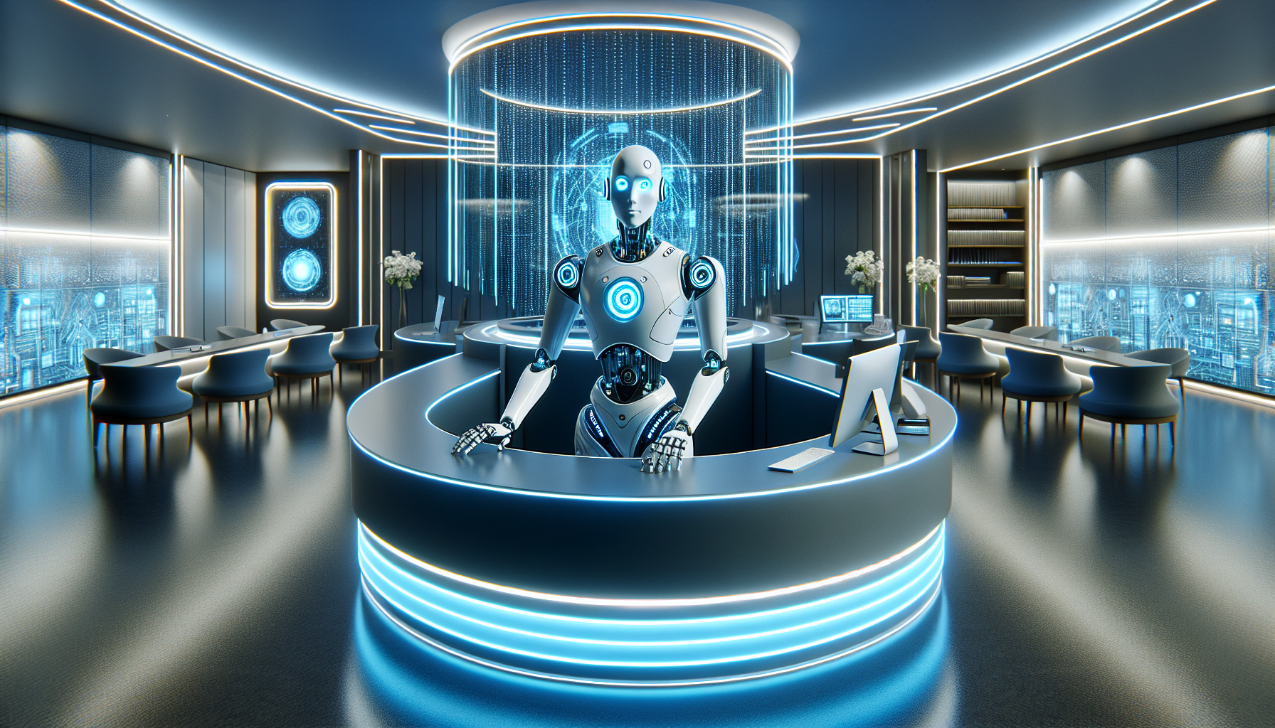 An AI receptionist represented by a robotic figure sitting at a reception desk.
