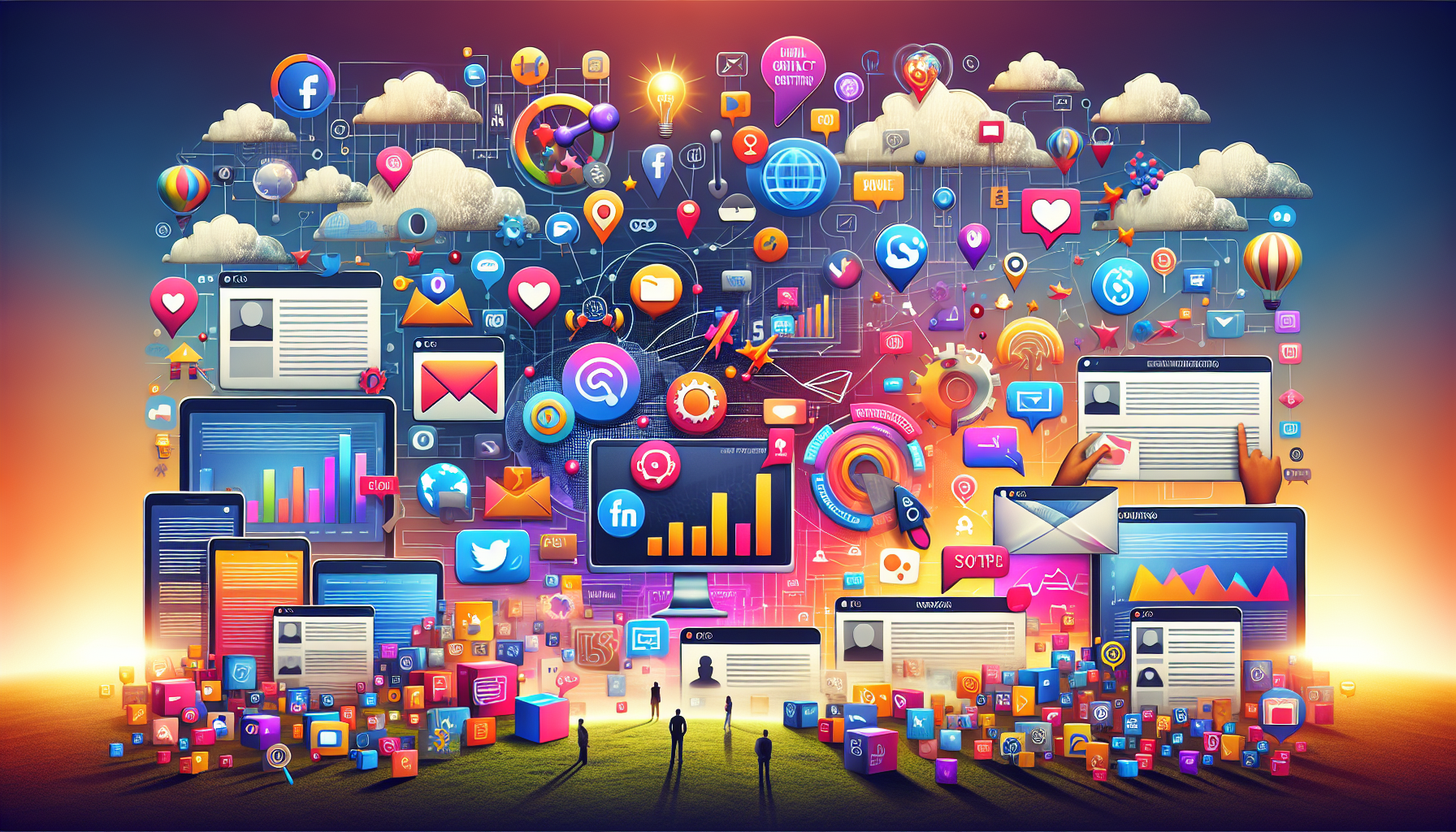 A colorful montage of diverse digital marketing methods including social media, newsletters, and networking.
