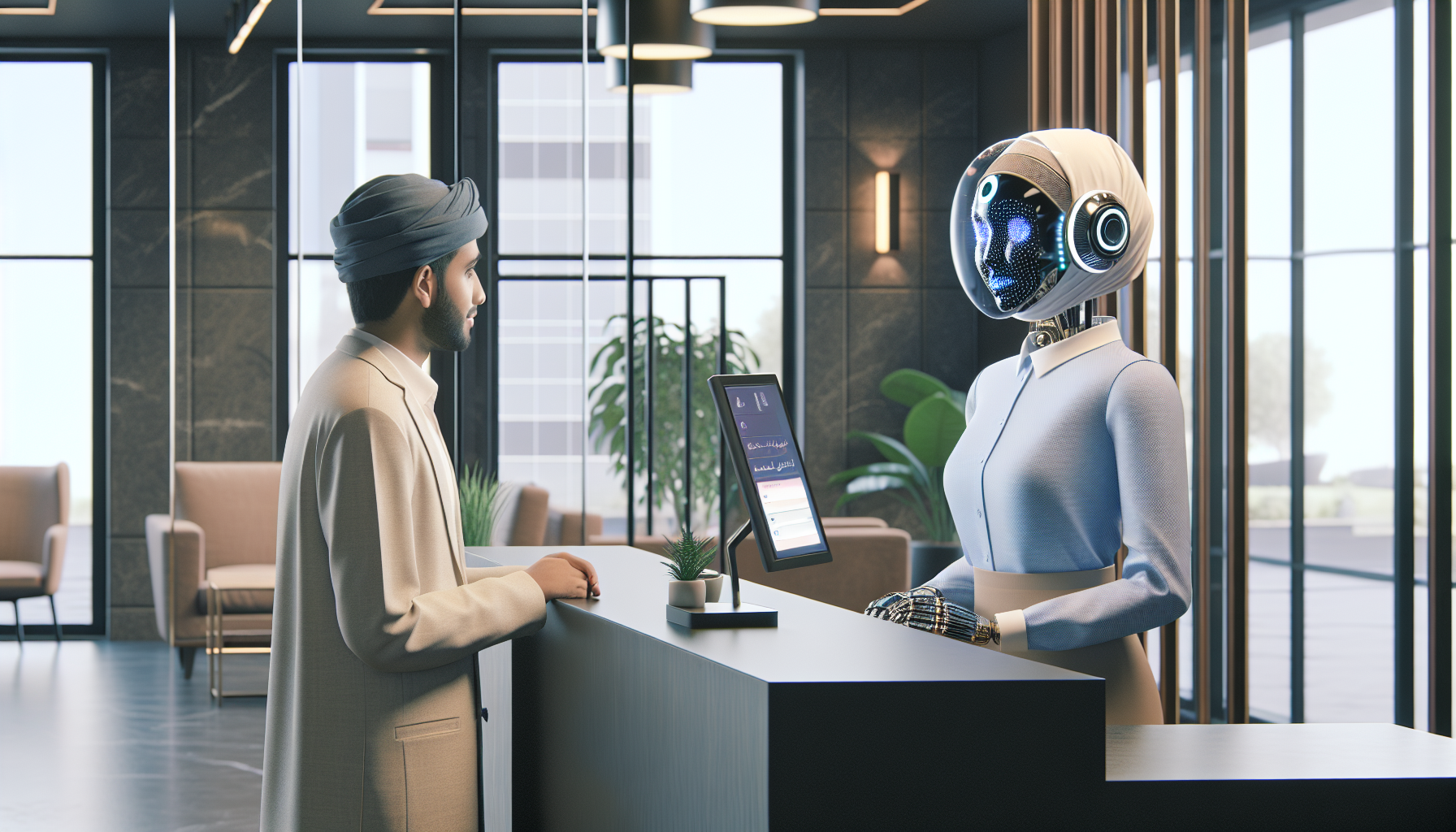 An AI receptionist interacting with a guest at the front desk of a modern office