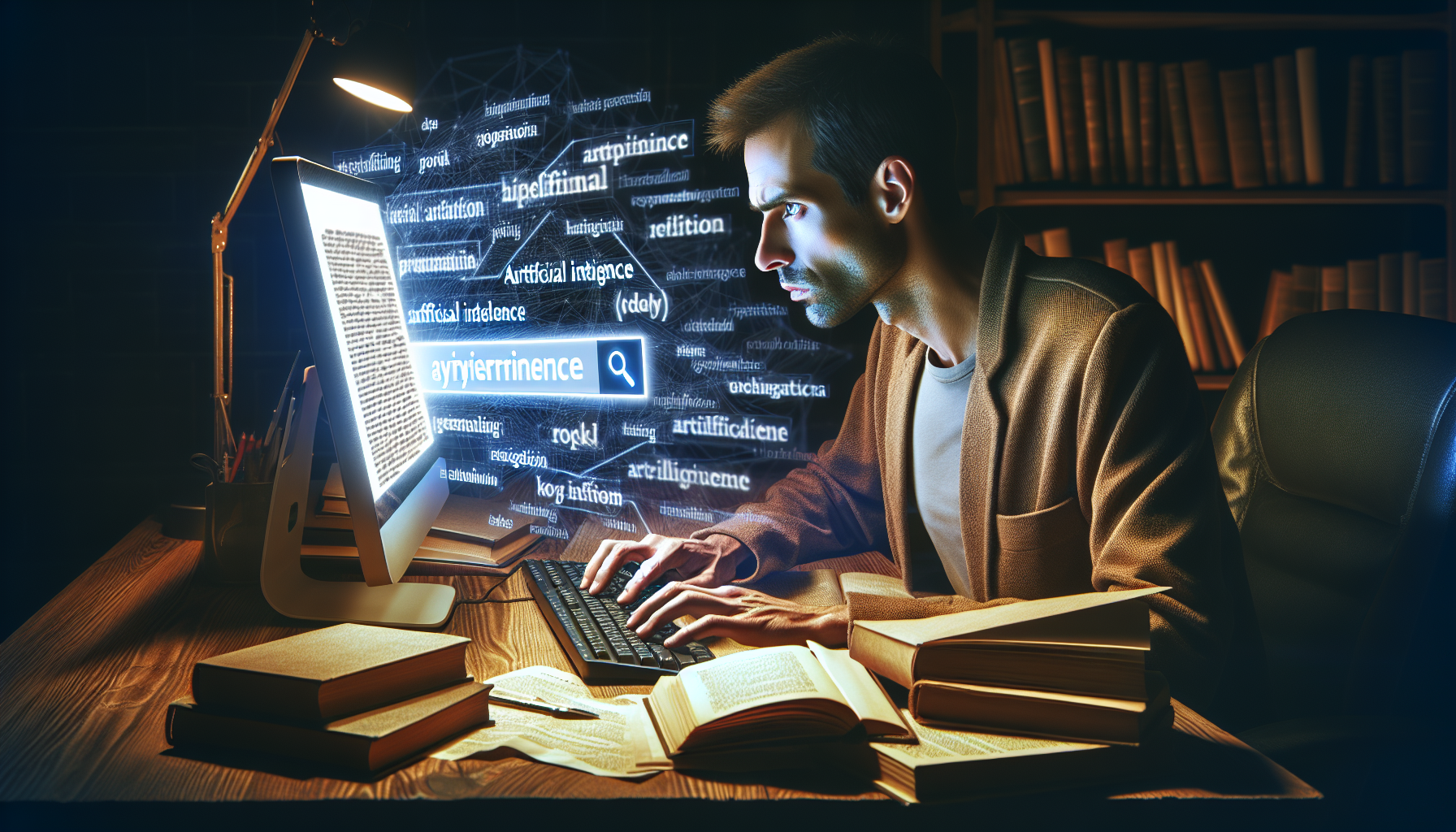 An image illustrating the concept of keyword research, possibly depicting a person searching terms related to AI on a search engine.