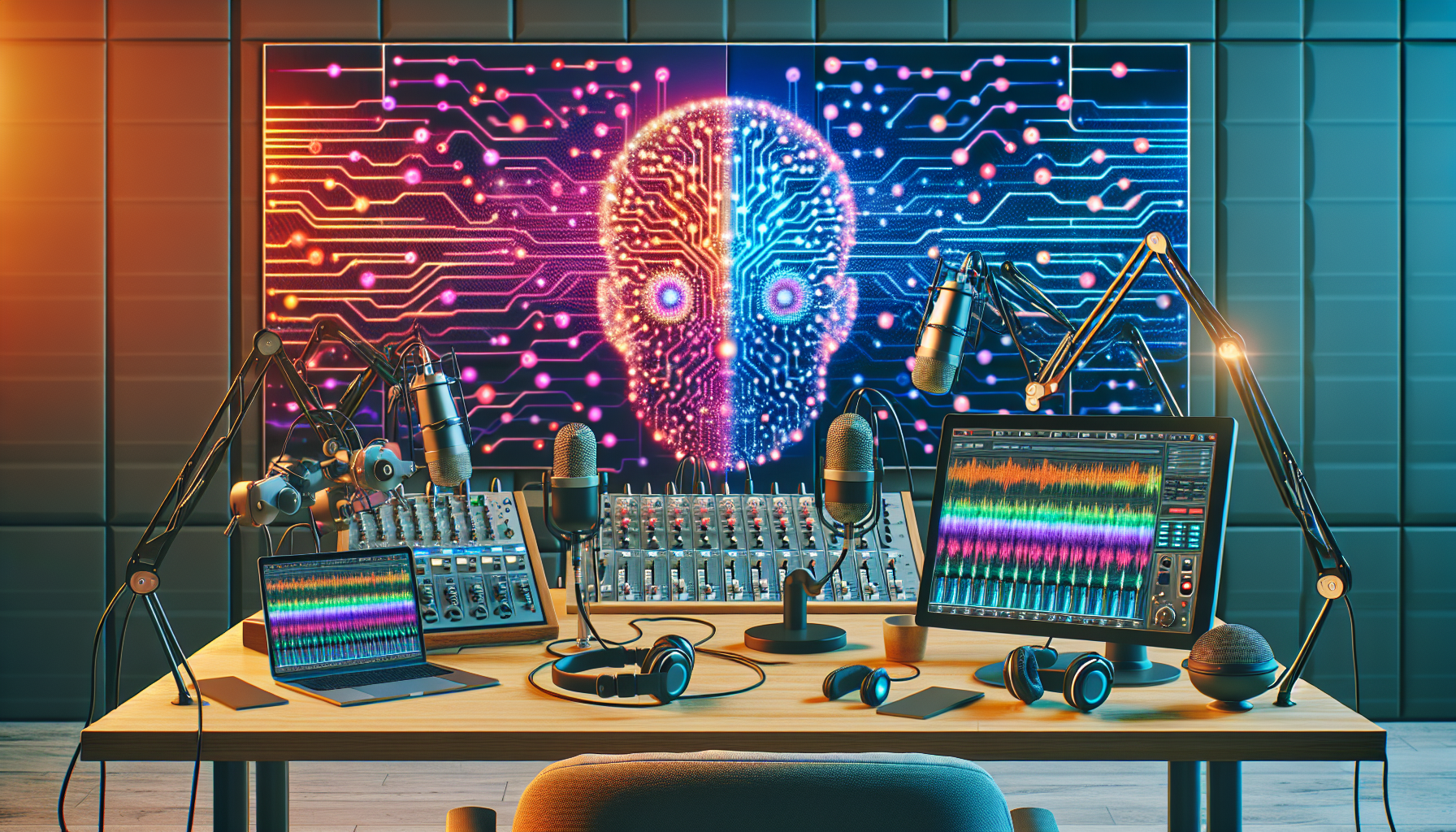 An image showing a well-equipped podcast studio with a colorful AI graphic in the background