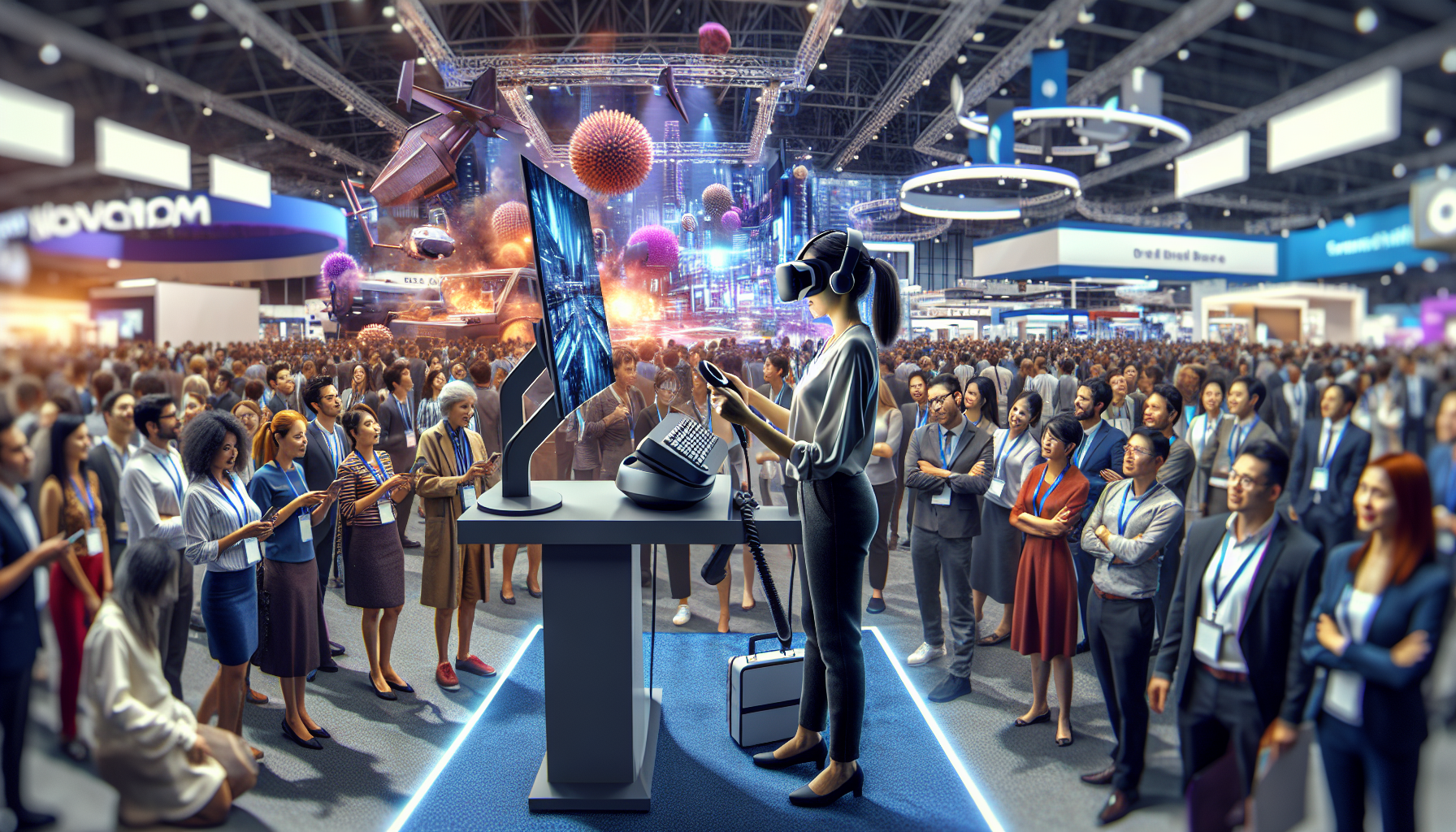 An attendee interacting with a VR setup at a trade show.