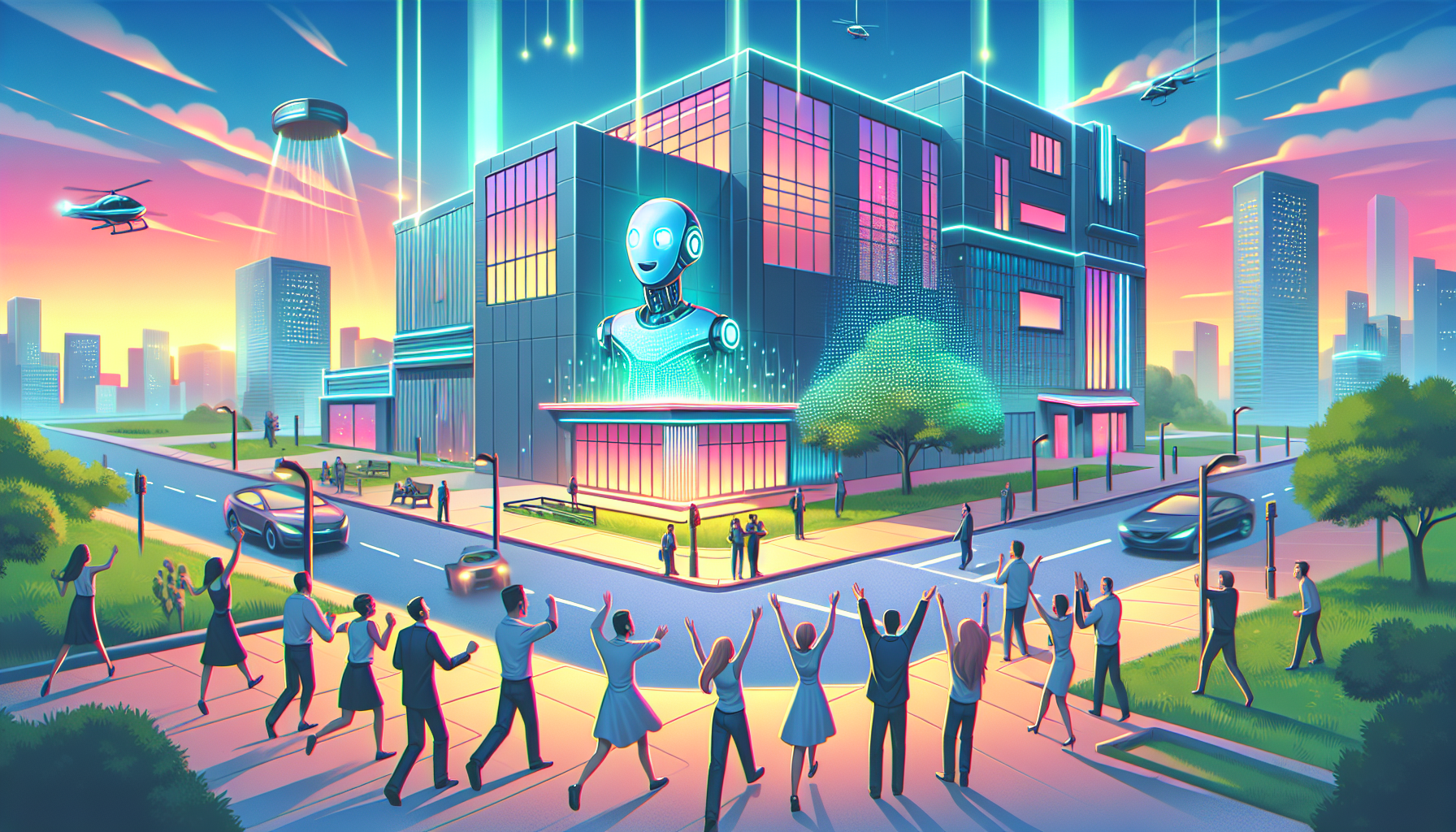 An image showing delighted clients referring others to a futuristic AI business