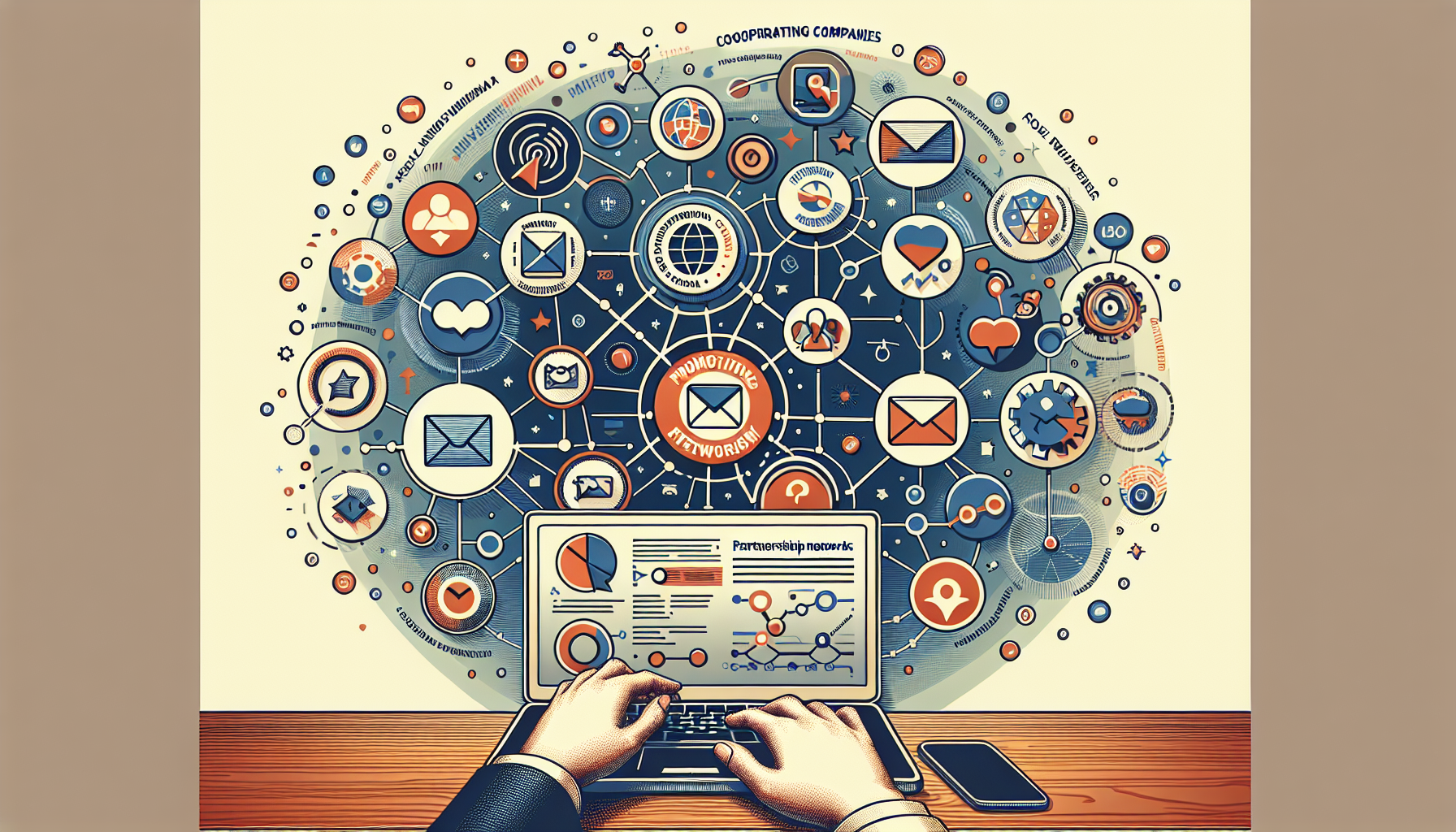 A concept image showing different promotion strategies such as social media, email marketing, and partnership networks