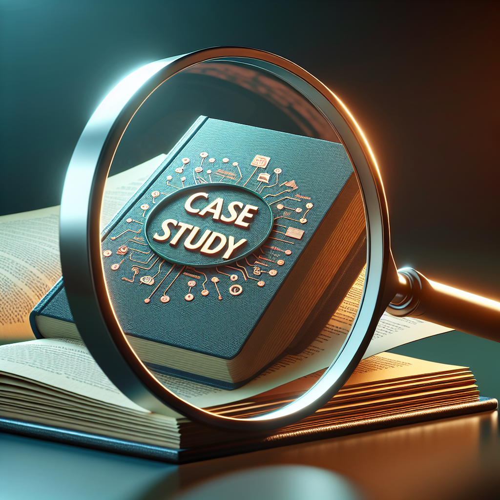 An image depicting a case study as a book with a magnifying glass overtop, symbolizing deep analysis and investigation