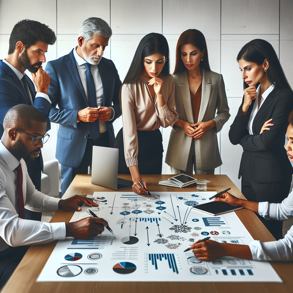 A picture showing a group of business professionals planning a marketing strategy with a diagram on board