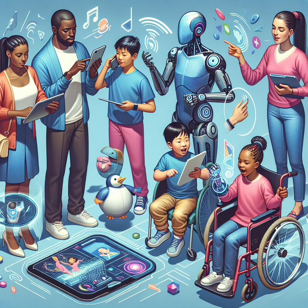 An image displaying a group of people from diverse demographics interacting with AI technologies
