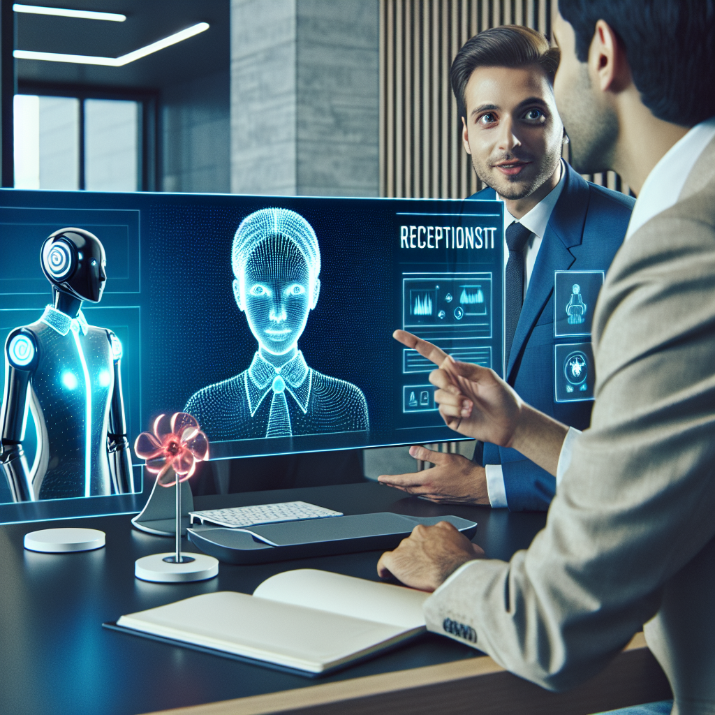 An image depicting a professional salesperson selling an AI receptionist system to a customer, highlighting the consultative approach.