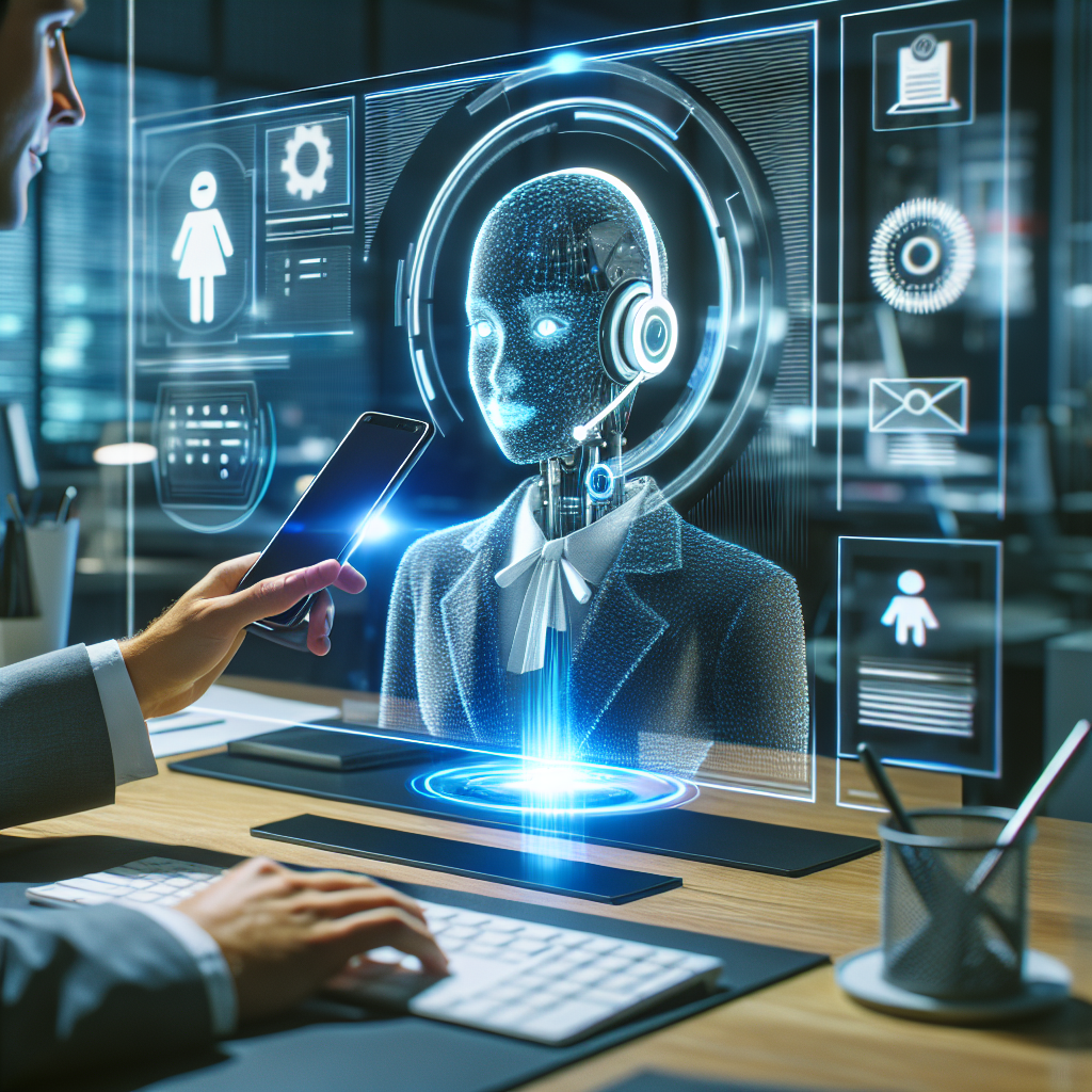 An image depicting an AI receptionist interacting with a client on a digital platform, perhaps via a computer or mobile phone screen.