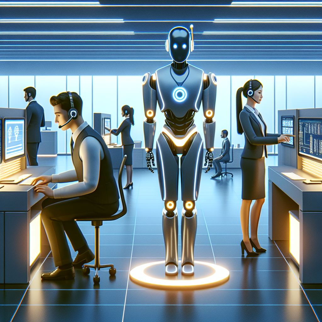 An illustrated image showing an AI receptionist working alongside human employees