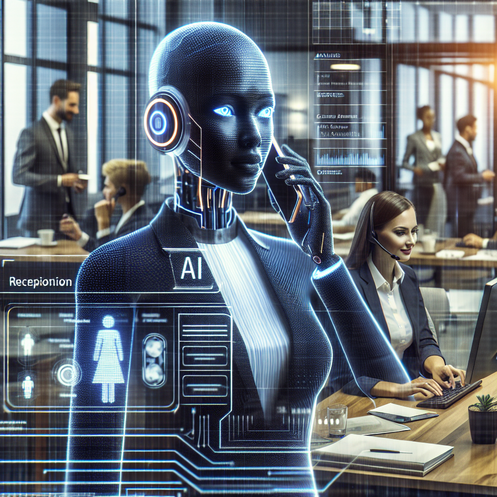 An image showing an AI receptionist answering a call in a busy office