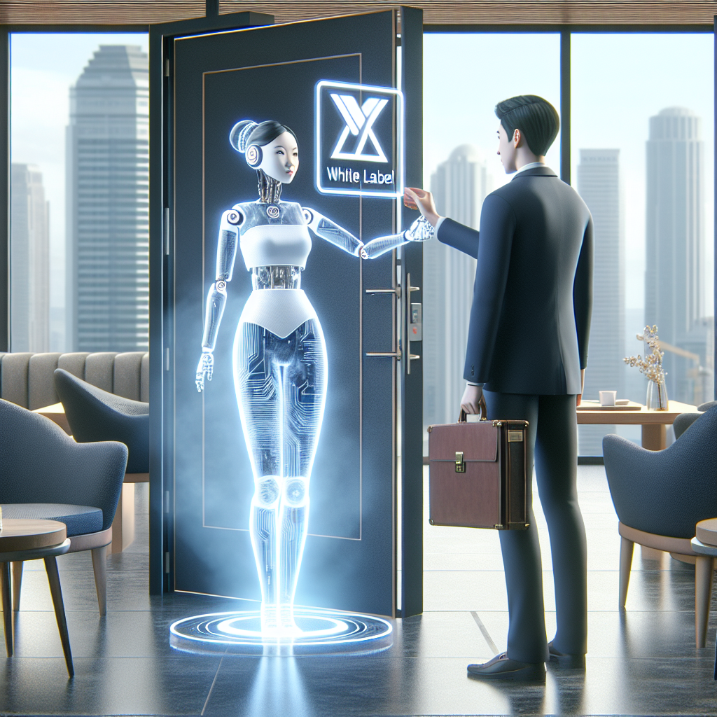 An image depicting the white label reselling process, perhaps showing an AI receptionist with a brand logo being passed on to a business