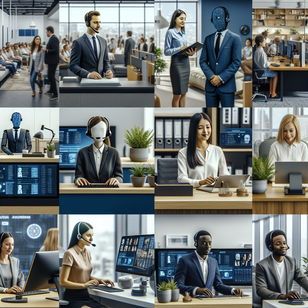 A montage of different office settings, showing AI receptionists in action