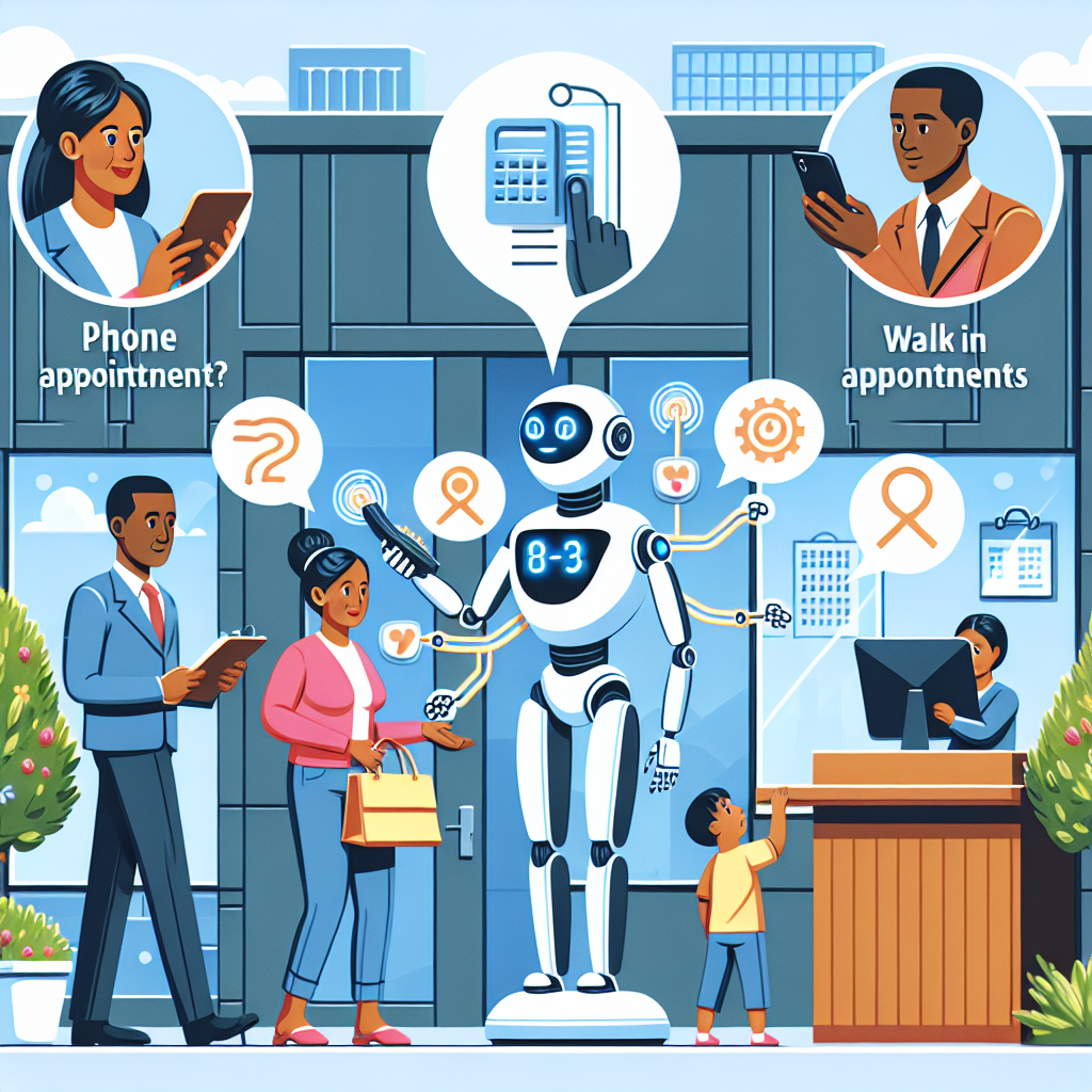 A graphic illustration or pictorial representation of an AI receptionist engaging in various tasks.