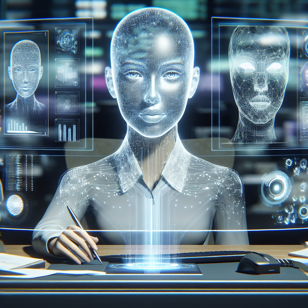 A representative image of an AI receptionist with analytics graphics in the backdrop