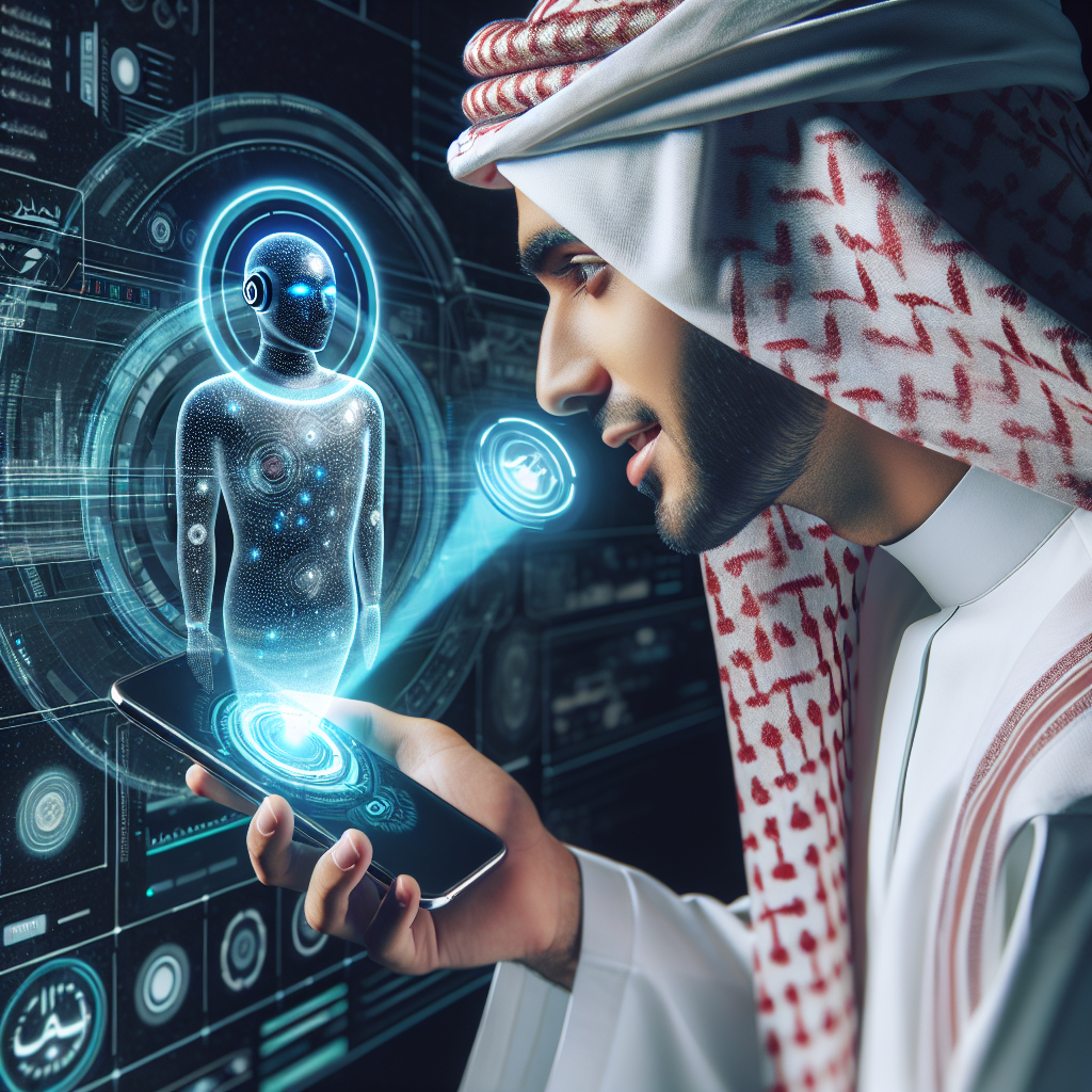 A futuristic graphic of someone speaking to a voice-activated AI assistant coming out of their smartphone