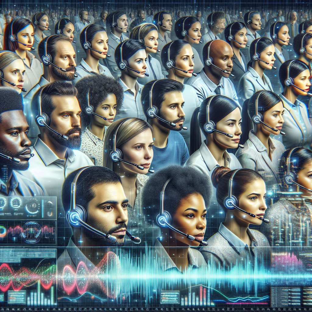 An image displaying customer service representatives wearing headsets, with graphics outlining an interface of voice analytics software