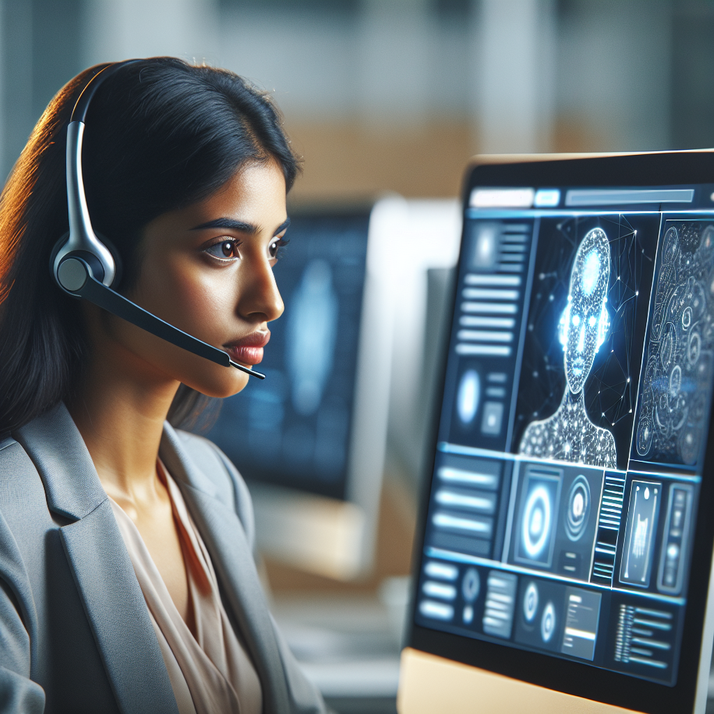 An image showing a call center agent with a headset, in front of a computer screen display with AI graphics or chatbot interface