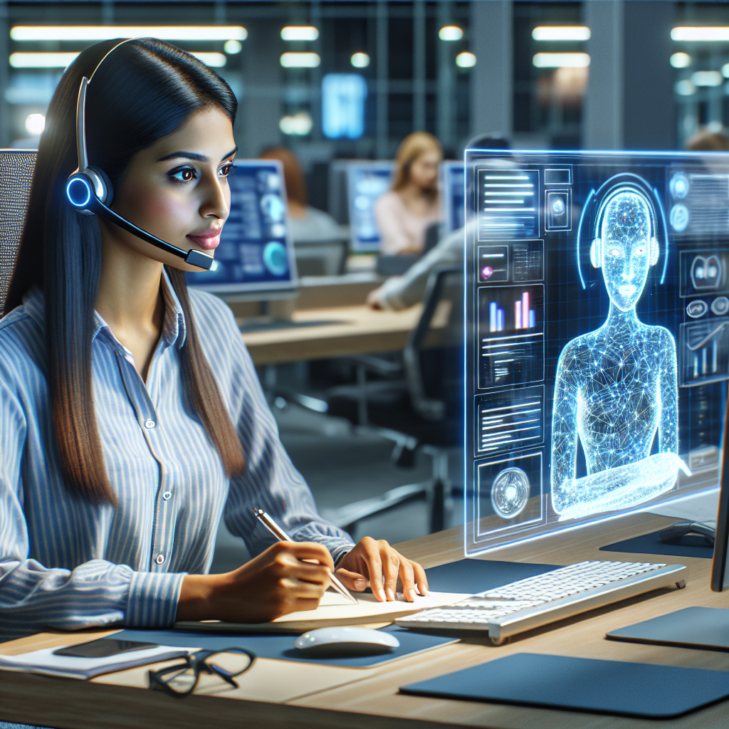 An image illustrating a call center agent collaborating with an AI interface on a computer screen