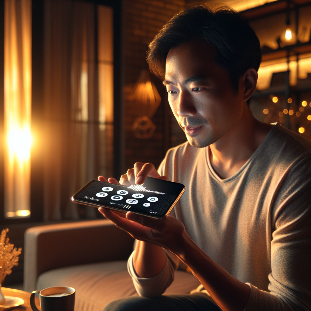 A person using voice commands on their smartphone to operate banking services