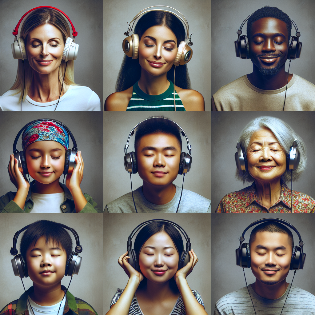 An image representing a diverse group of people wearing headphones and enjoying music. This represents the personalization of hold music.