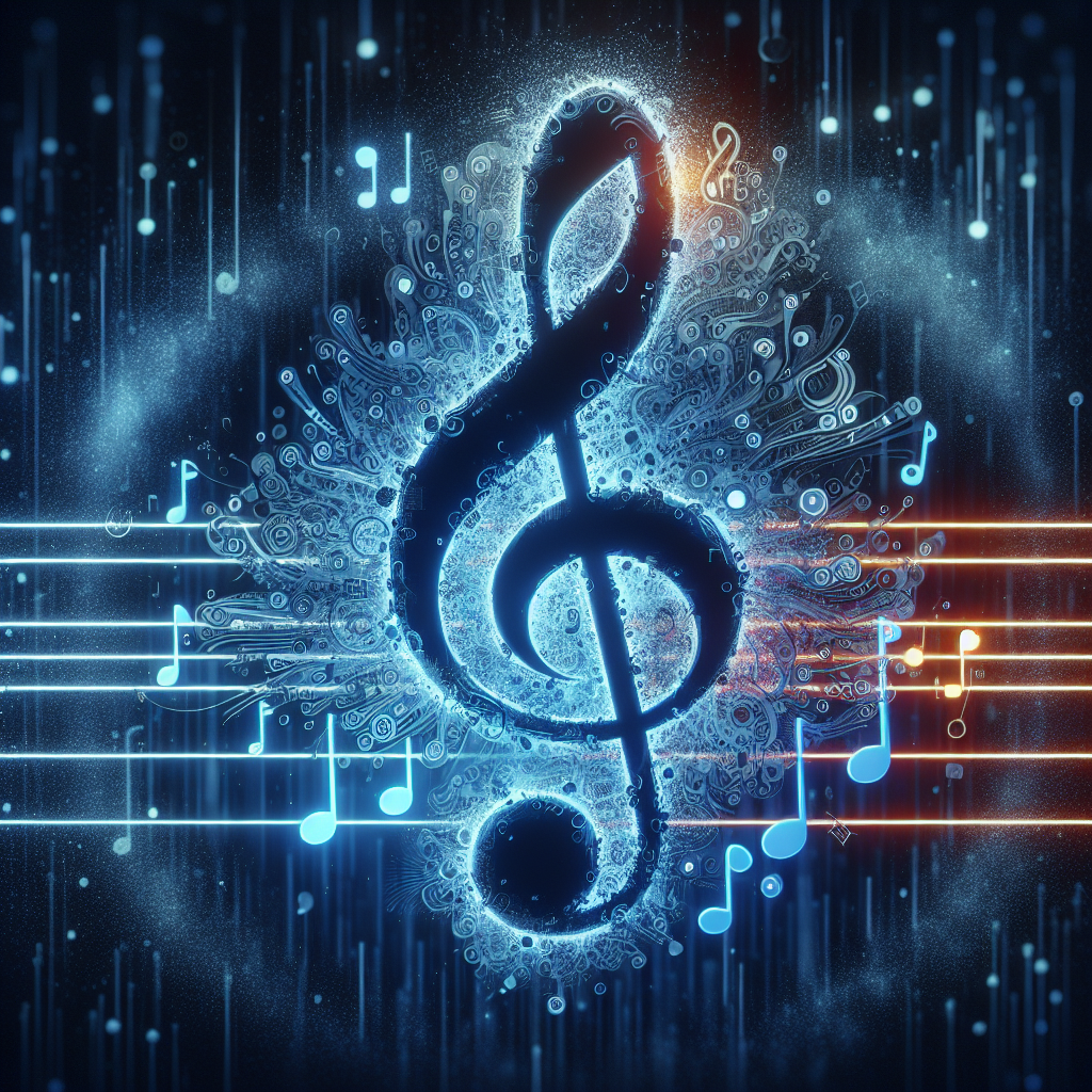A conceptual image showing a music note merged with an AI icon, representing the amalgamation of AI and hold music.
