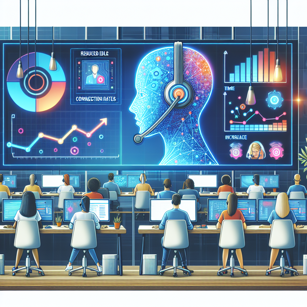 An illustration depicting an AI system reducing idle times and increasing connection rates in a call center
