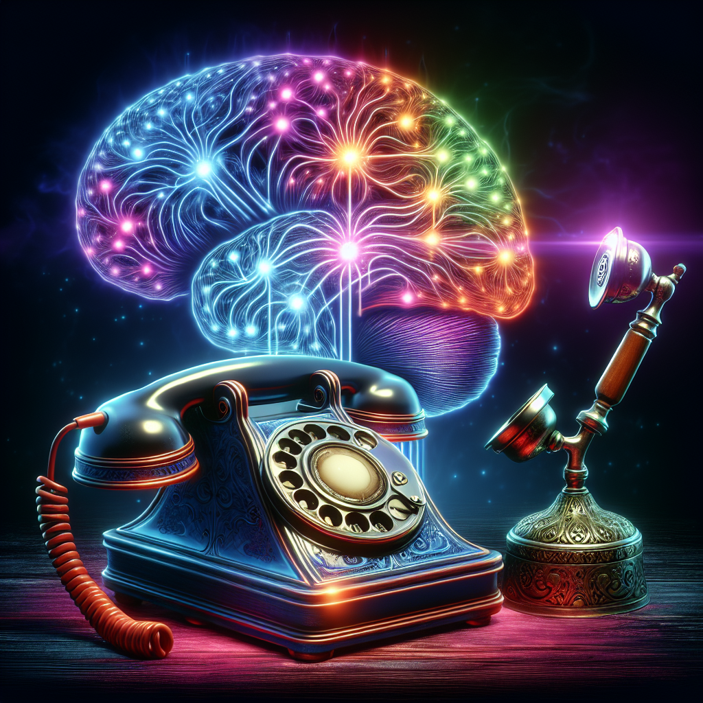 An illustration showing a symbolic AI brain connected to a telephone, representing AI-powered predictive dialing system