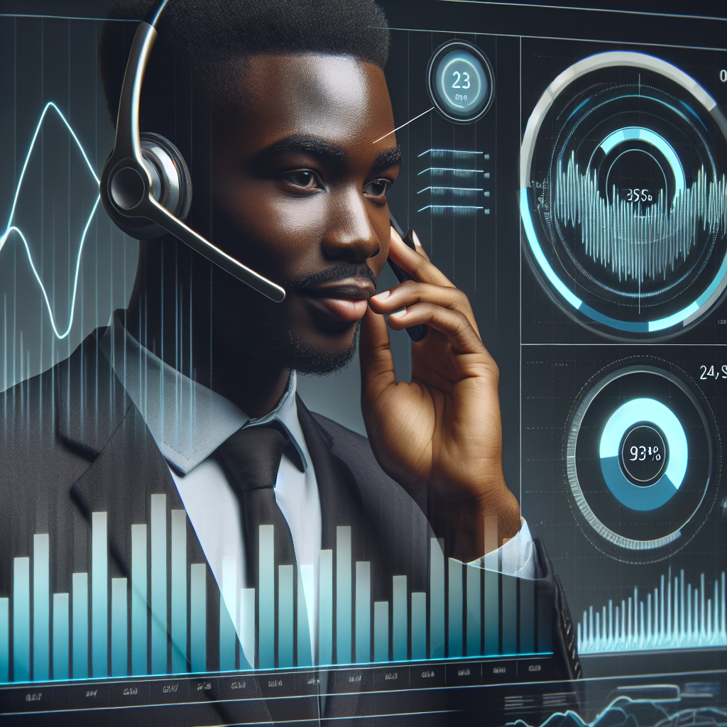 An image depicting a customer service representative speaking through a headset, overlayed with analytical data representations indicating voice analysis