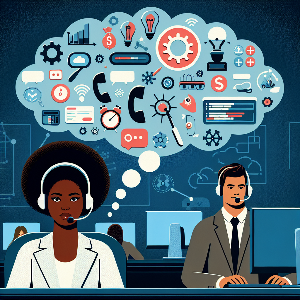 A graphic representation of automated call reason prediction, perhaps an illustration of a call center agent with a thought bubble that includes predicted reasons a customer might be calling