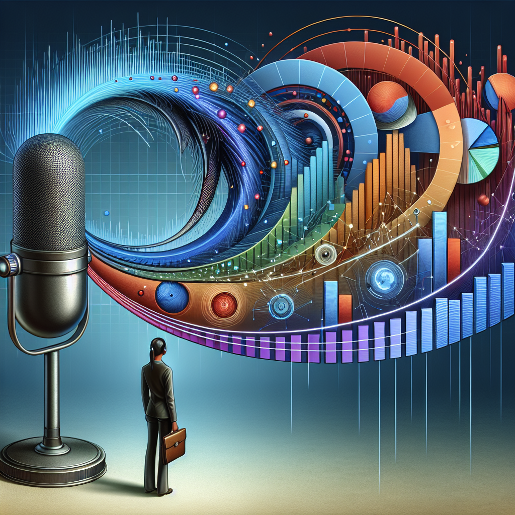 An abstract illustration showing a customer talking into a microphone with sound waves transformed into analytics graphs