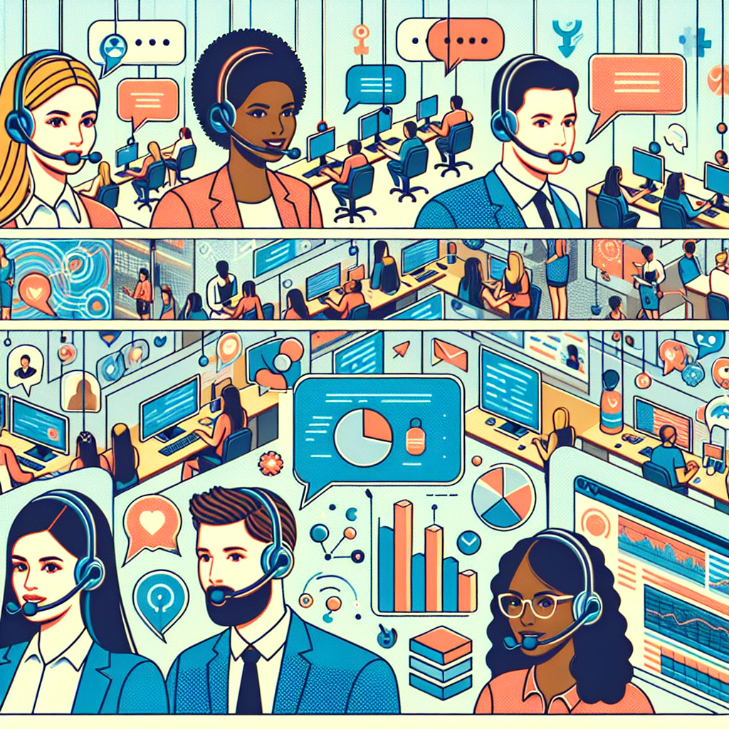 A graphic illustrating a call centre with speech bubbles transforming into text and then into charts and graphs symbolizing data analysis