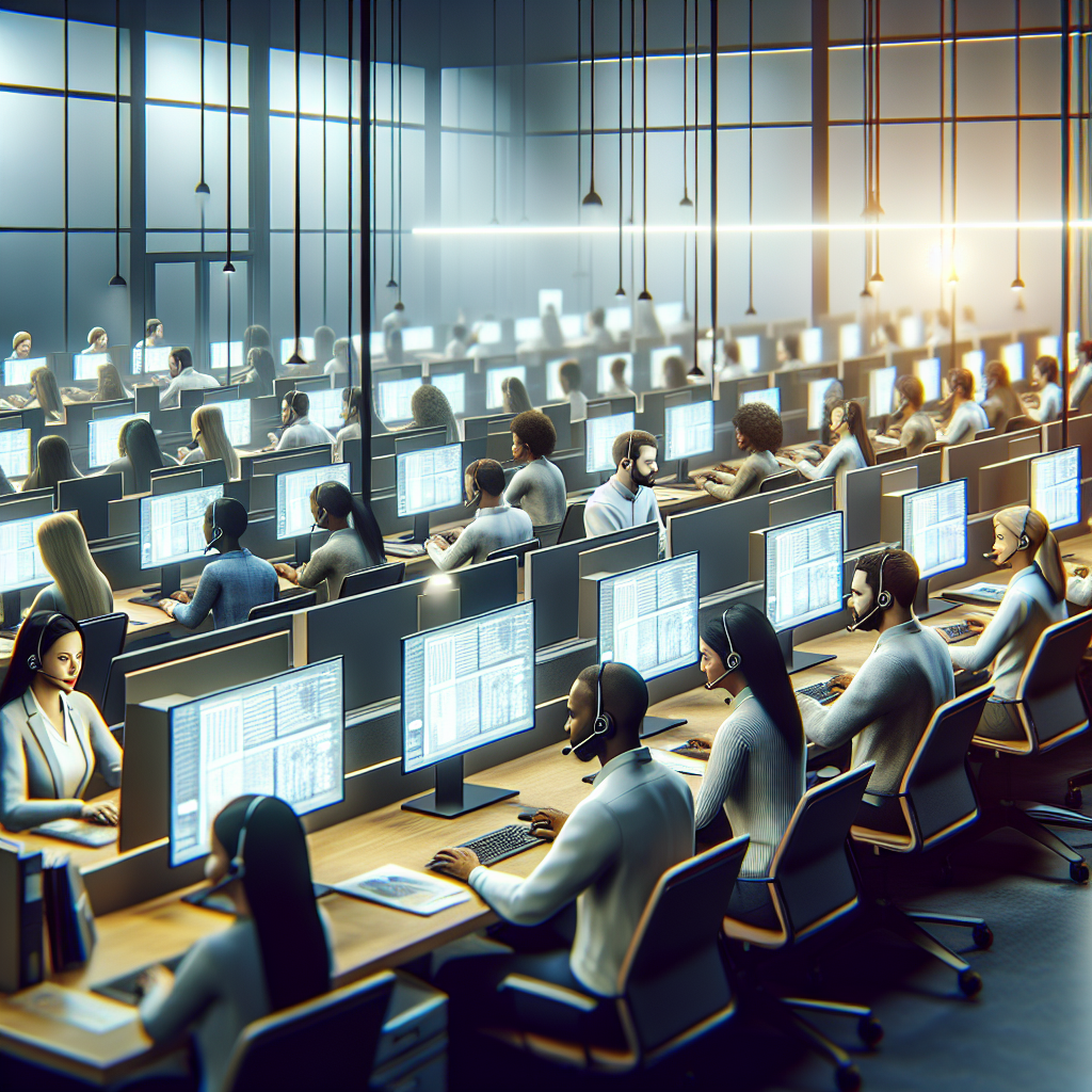 A modern call center with several agents hard at work, screens glowing with data