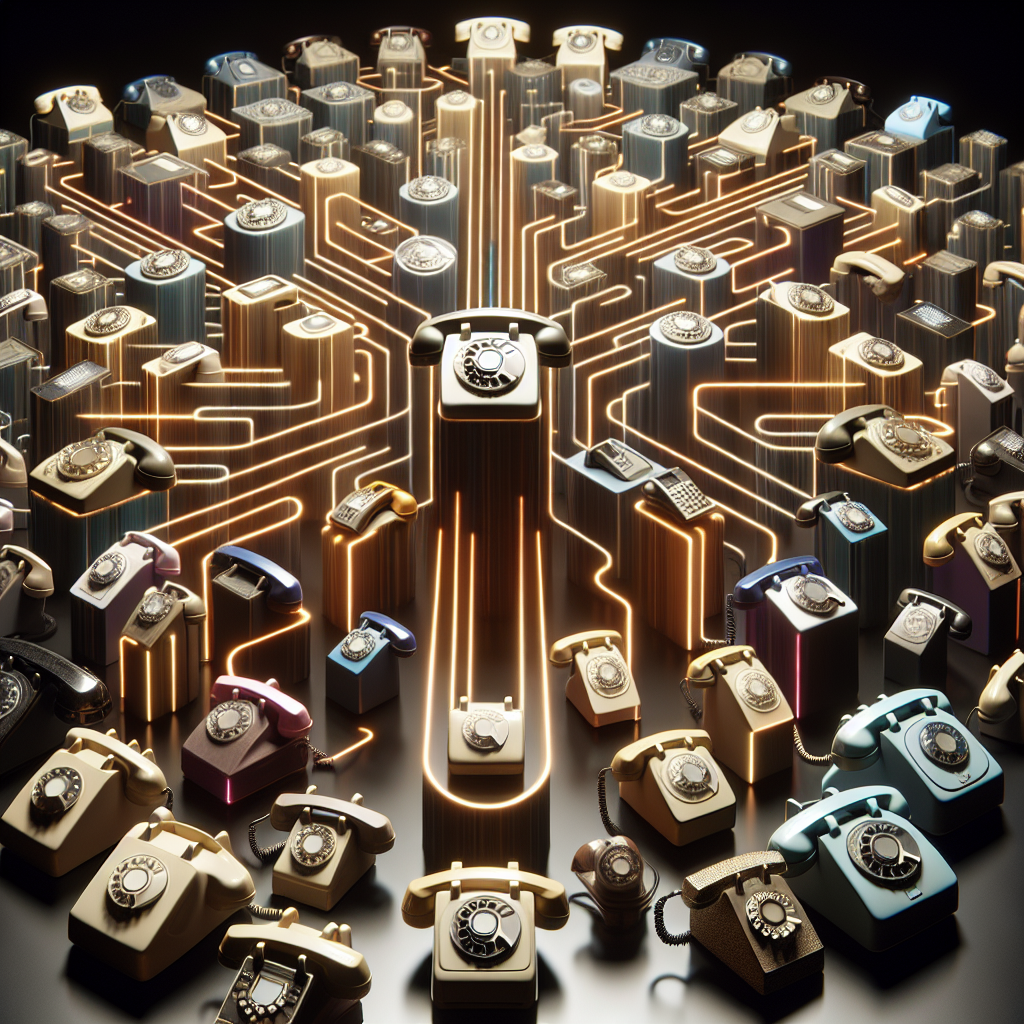 A maze of interconnected phones, symbolizing the intelligent call routing system.