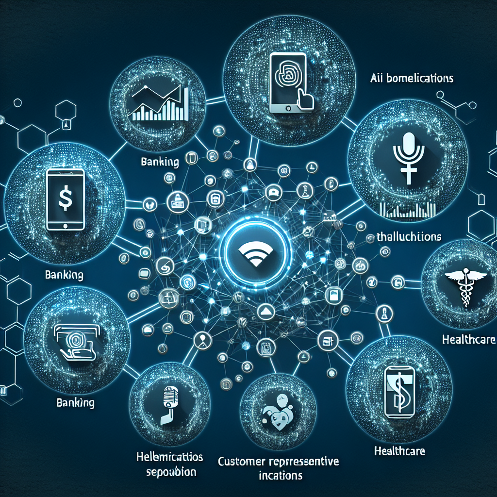 A graphic showing various sectors such as banking, telecommunications, healthcare, and customer service benefiting from AI and voice biometrics