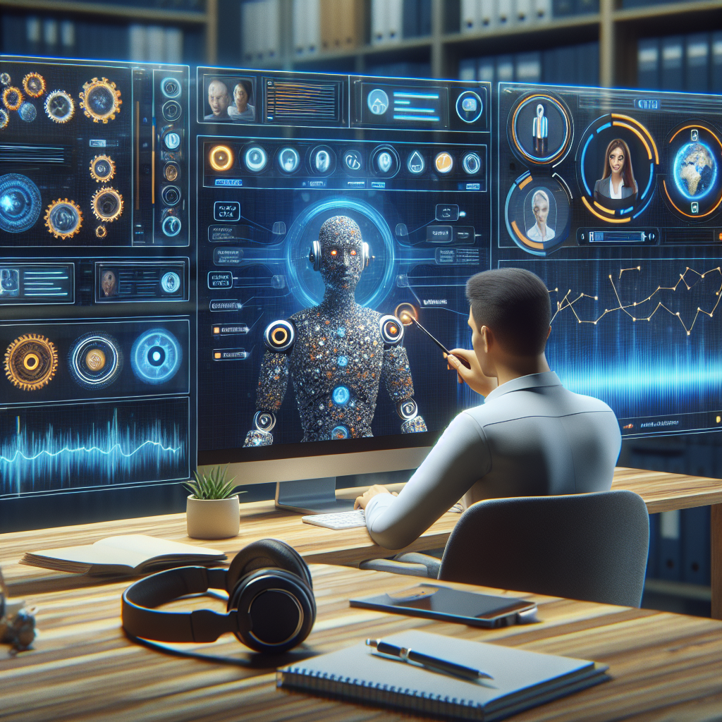 An illustration depicting artificial intelligence interacting with a call center, demonstrating features like speech recognition and sentiment analysis.