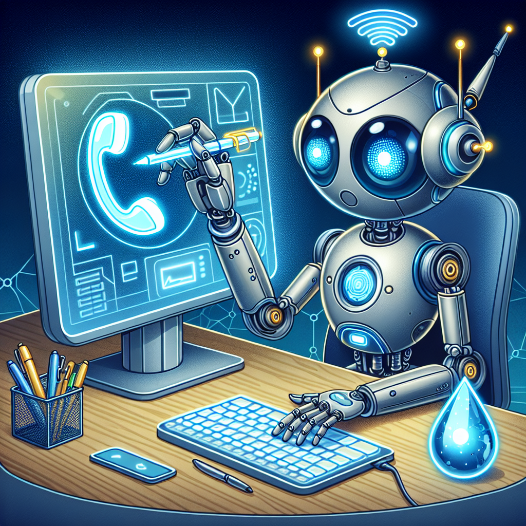 A cartoon illustration of an AI robot taking notes from a telephone call