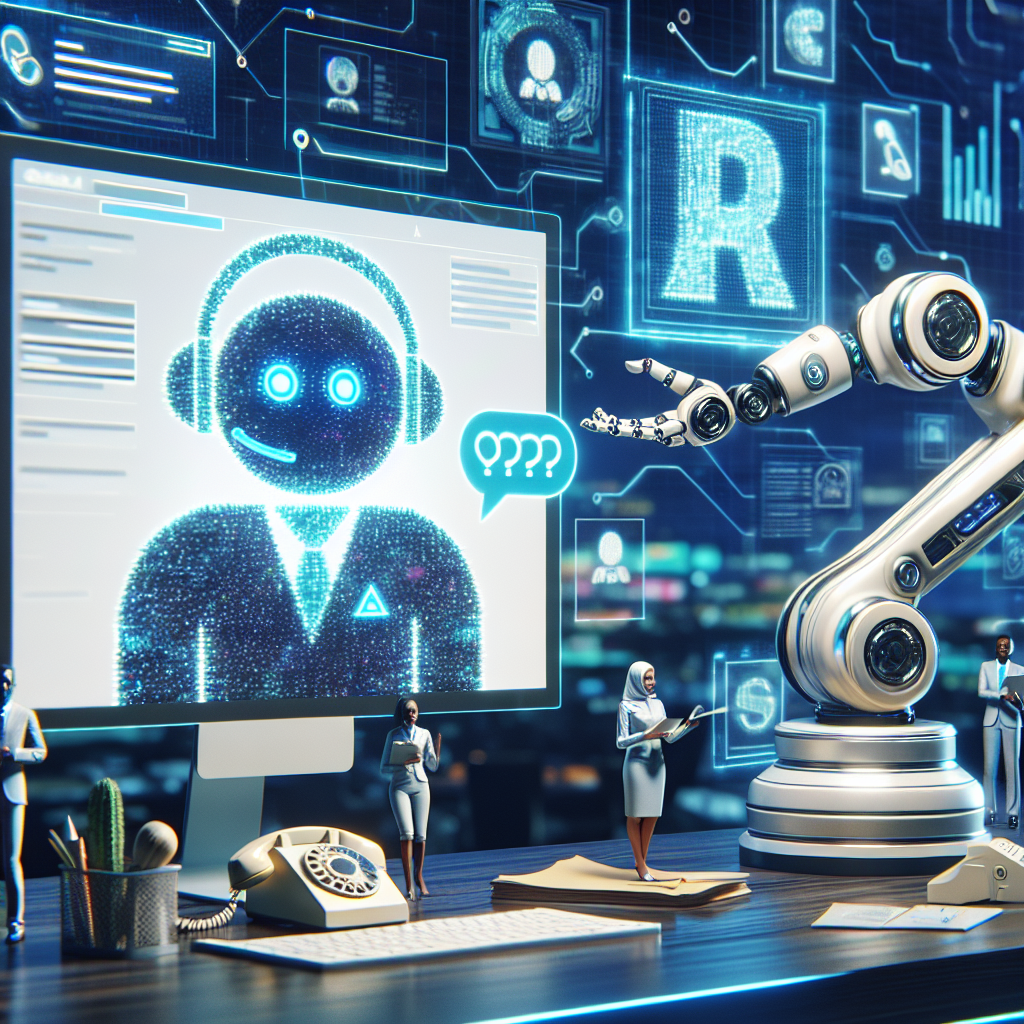 A representative image depicting AI in customer service, with AI assistive devices like chatbots and robotic arms handling customer queries.