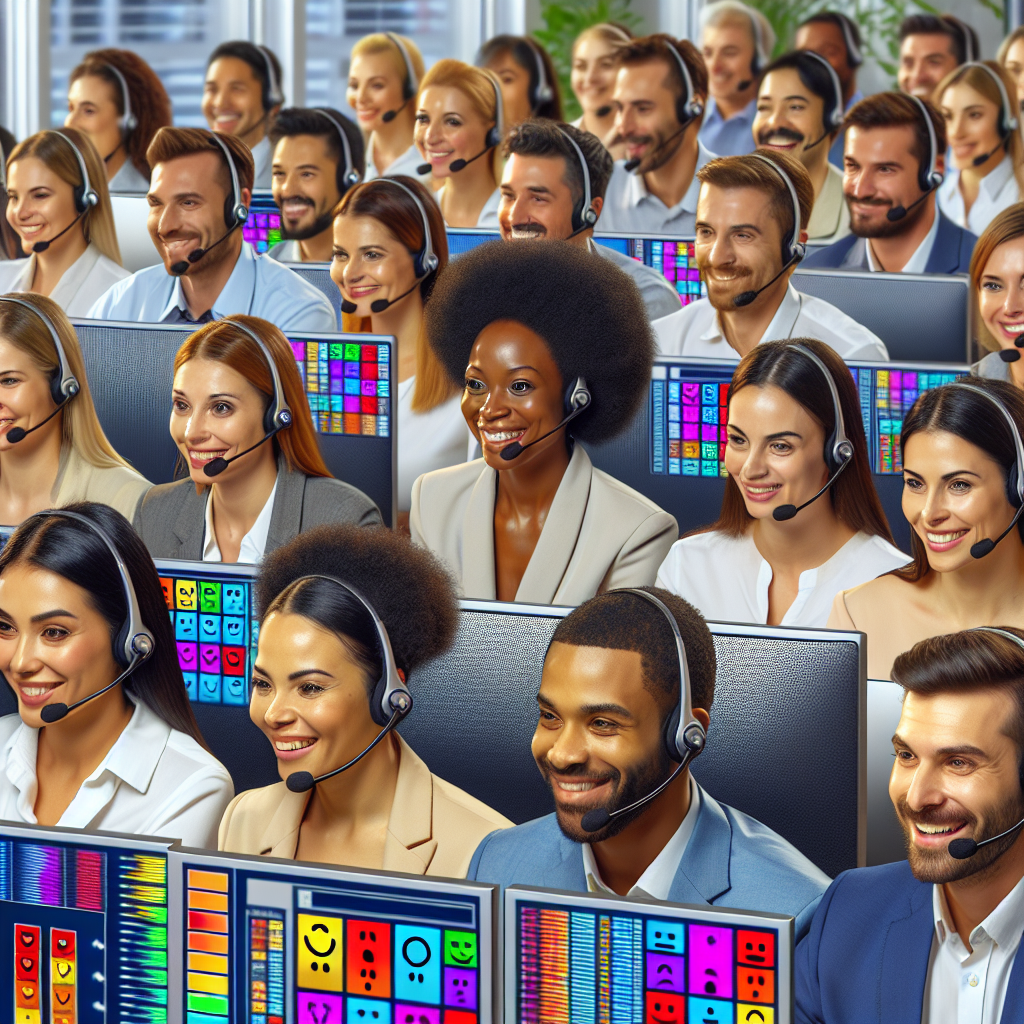 A team of customer service agents in a call center utilizing emotion detection technology