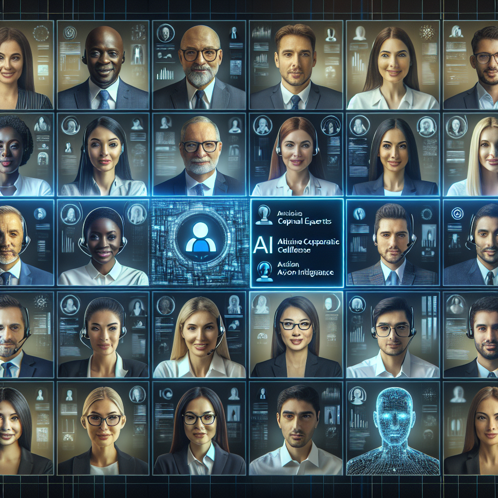 A grid of corporate professionals participating in a conference call powered by an AI interface