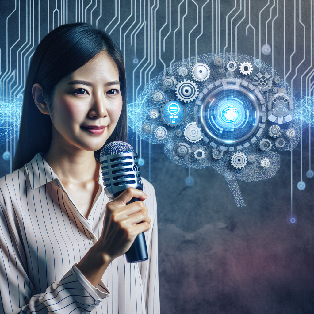 A person speaking into a microphone, symbolizing voice-based surveys, with a background image of artificial intelligence icons.